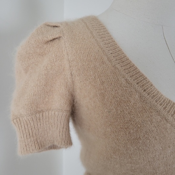 *Free with Purchase* Angora Puff Sleeve Mini Dress Tan V-neck Soft - Picture 3 of 12